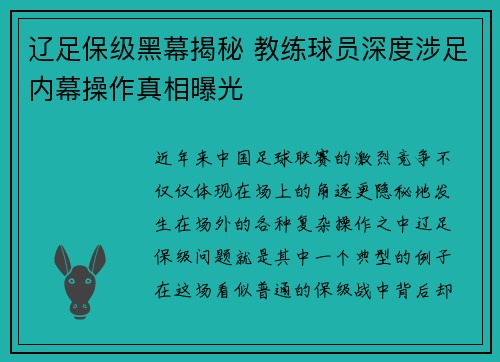 辽足保级黑幕揭秘 教练球员深度涉足内幕操作真相曝光