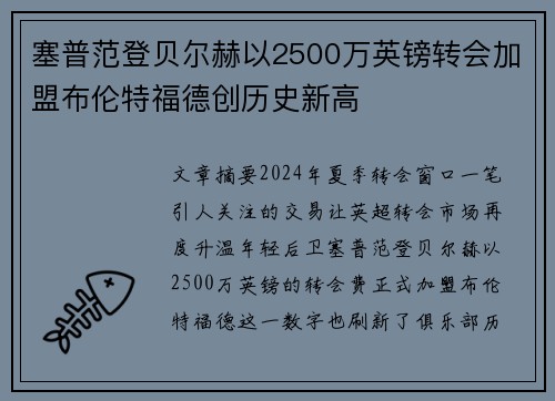 塞普范登贝尔赫以2500万英镑转会加盟布伦特福德创历史新高